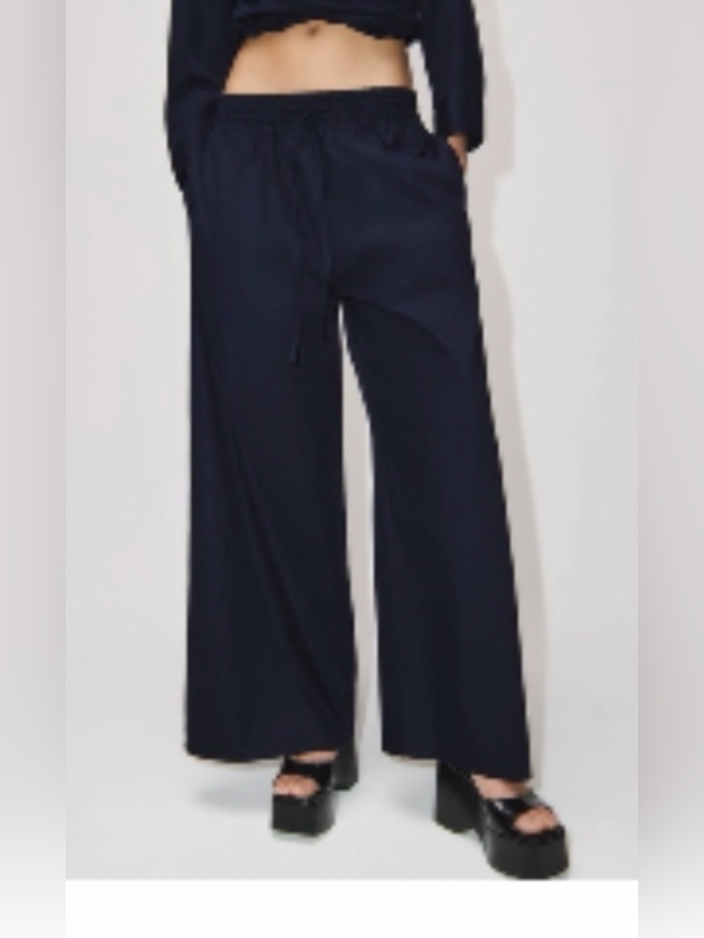Zara SET Navy blue poplin Wide Leg Pants & Wrap asymmetrical shirt small classy - Picture 2 of 4